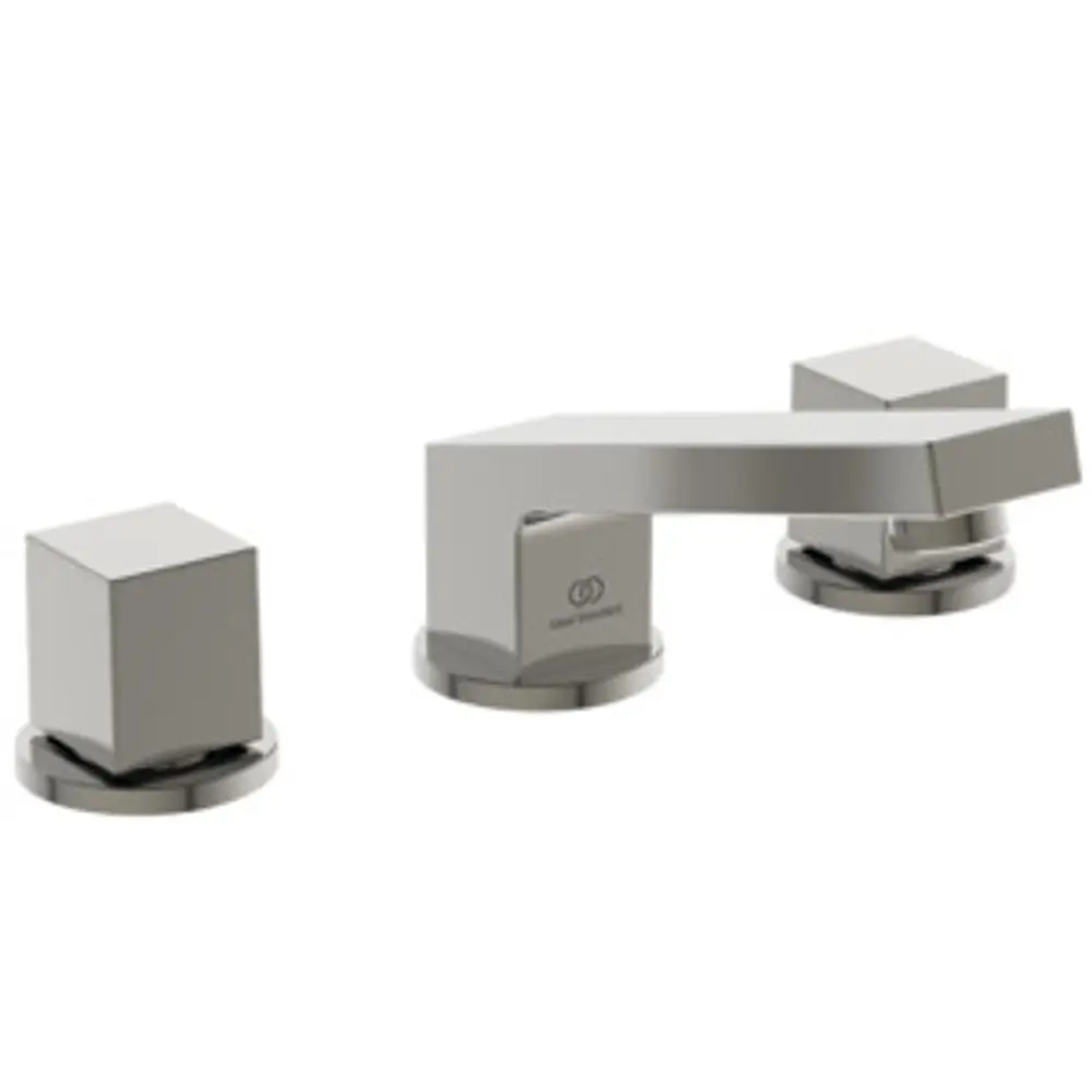 Waschtischarmatur mit drei Anschlüssen und quadratischen Bedienelementen in Silber, Marke Ideal Standard, auf einem neutralen Hintergrund dargestellt.
